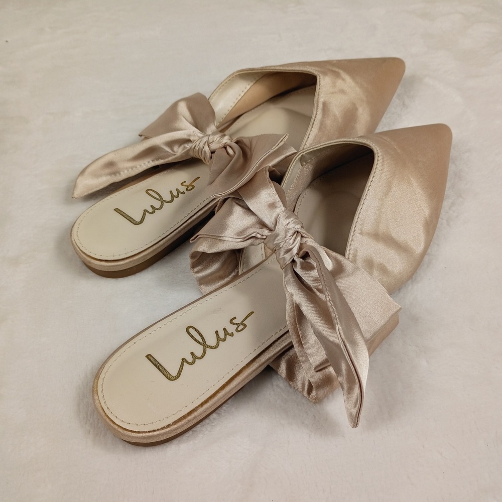 Lulus Mule Flats Womens 6.5 Champagne Satin Bow Pointed Toe Slides - Picture 3 of 7